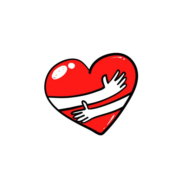 Mão Desenhado Doodle Coração Com Mão Abraço Gesto Ilustração Vetor — Vetor de Stock