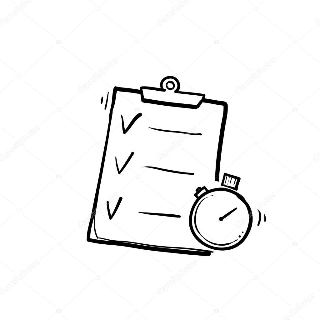 hand drawn Fast services, check list and stopwatch, to do plan, procrastination and efficiency, project management, quick questionnaire, short survey, doodle