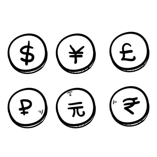 Набір Рук Намальований Найпопулярнішим Символом Валюти Долар Євро Ієна Юань — стоковий вектор