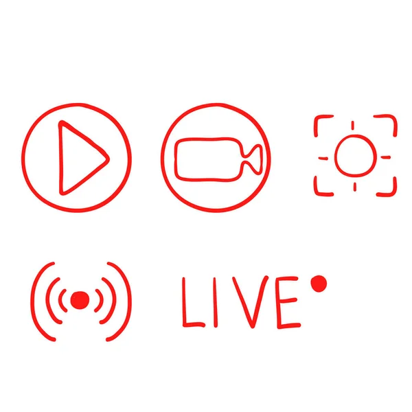 Set hand drawn of live streaming icons. Set of video broadcasting and live streaming icon. Button, red symbols for TV, news, movies, shows. doodle