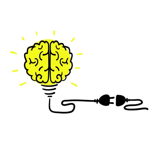 Concept Doodle Dessiné Main Cerveau Humain Dans Ampoule Signe Ampoule — Image vectorielle