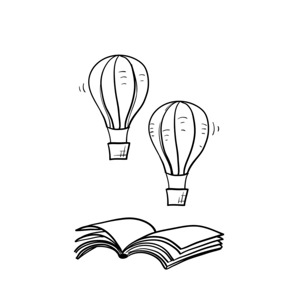 Handgetekend Boek Luchtballon Illustratie Vector Doodle — Stockvector