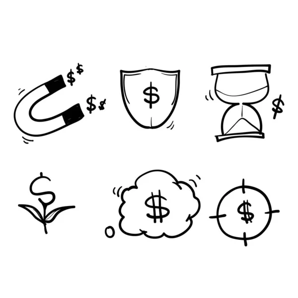 手绘简单的一套业务和货币相关向量行图标 带涂鸦风格的 — 图库矢量图片