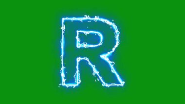 Yeşil ekran arkaplanında parlayan İngiliz alfabesi R kıvılcımları