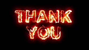 Ateş enerjisiyle yazılan teşekkür mesajı sade siyah arkaplan üzerinde etki yaratır