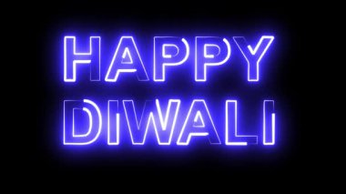 Sade siyah arkaplanda parlayan mavi neon ışık yolu efektli Mutlu Diwali metinleri