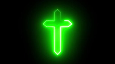 Sade siyah arkaplanda parlayan yeşil neon ışık yolu efektli haç sembolü