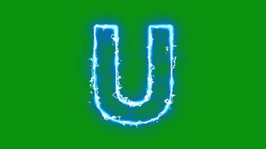 Yeşil ekran arka planında ışık enerjisi kıvılcımları olan İngiliz alfabesi U