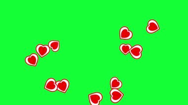 Yeşil ekran arkaplanlı kırmızı kalplerin hareket grafikleri yükseliyor