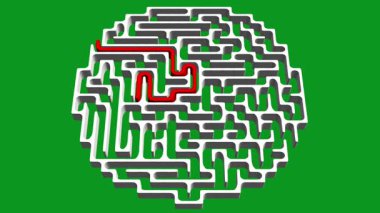 Yeşil ekran arka planında çözüm yolu olan çember şekilli 3d labirent