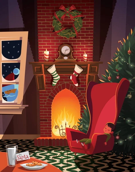 Dormir Niño Esperando Santa Habitación Decorada Navidad — Vector de stock