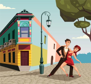 Buenos Aires La Boca Caddesi illüstrasyonunda dans eden çift