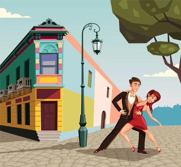 Pareja Bailando Tango Buenos Aires Boca Street Illustration — Vector de stock