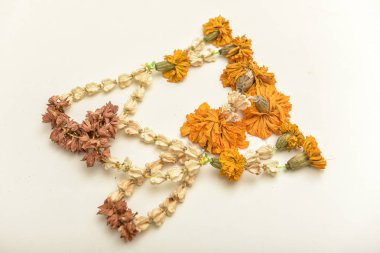 Beyaz bir arka plan üzerinde üç kuru çiçek çelenk yerleştirmek.