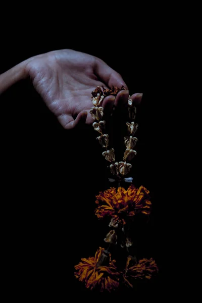 Mano Que Está Atrapando Guirnalda Flores Secas Situarse Sobre Fondo — Foto de Stock