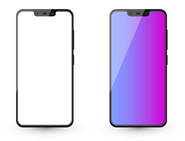 İki modern akıllı telefon modeliyle. Resimler için UI tasarım şablonu. Beyaz arkaplan üzerinde beyaz ekran ve gradyan rengi gölge ve göz kırp..