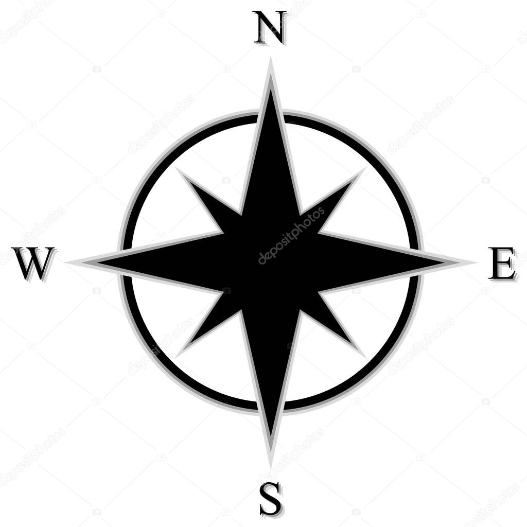 Vector compass rose, black on white background with shadows. Simple design with letters.