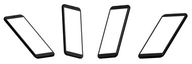 Dört tane akıllı telefon modeli. Resimler için UI 3D tasarım şablonu. Farklı projeksiyonlar. Beyaz ekranlı siyah üzerine beyaz arkaplan.