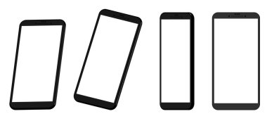 Farklı üç boyutlu projeksiyonlarda dört akıllı telefon modeli. UI tasarımı için şablonlar. Beyaz arkaplanda siyah, beyaz ekranlar.