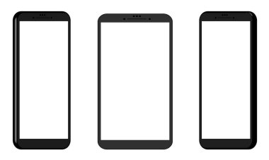 Farklı üç boyutlu projeksiyonlarda üç akıllı telefon modeli. UI tasarımı için şablonlar. Beyaz arkaplanda siyah, beyaz ekranlar.