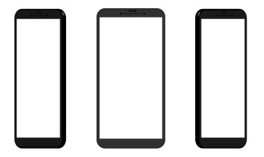 Farklı üç boyutlu projeksiyonlarda üç akıllı telefon modeli. UI tasarımı için şablonlar. Beyaz arkaplanda siyah, beyaz ekranlar.