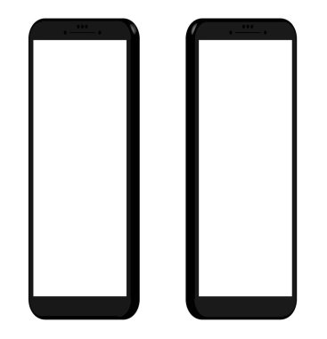 Farklı üç boyutlu projeksiyonlarda iki akıllı telefon modeli. UI tasarımı için şablonlar. Beyaz arkaplanda siyah, beyaz ekranlar.