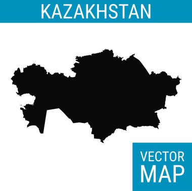 Ülke adına sahip Kazakistan vektör haritası, beyaz arkaplanda siyah.