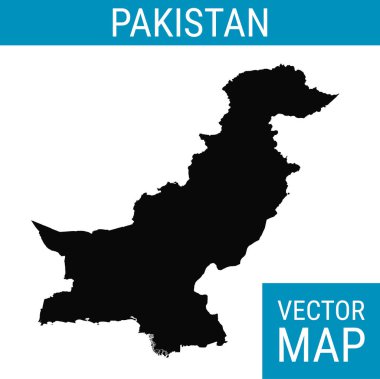 Ülke adına sahip Pakistan vektör haritası, beyaz arkaplanda siyah.
