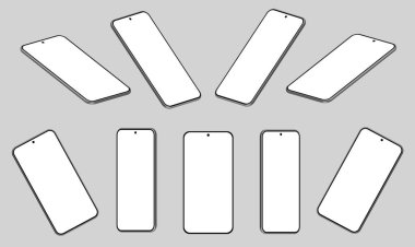 Dokuz tane üç boyutlu akıllı telefon motifleri, farklı açılar ve projeksiyonlar. UI modern tasarım. Boş ekran, gri arkaplanda siyah.