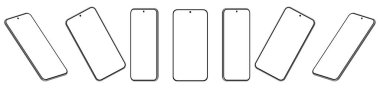 Set of seven 3D Smartphone mockups in different angles, projections. UI modern design. Blank screen, black on white background. clipart
