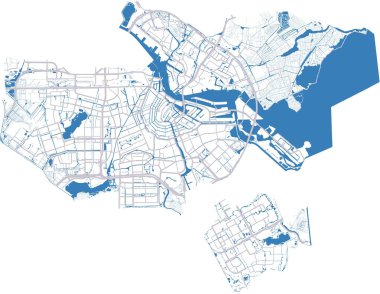 Amsterdam vektör haritası nehir, kanallar, ana yollar, köprüler. Gri arkaplan, idari şehir sınırları.