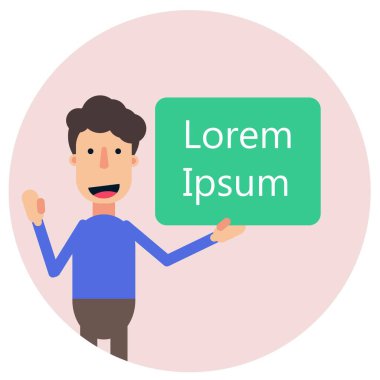 Genç adam boş reklam panosunu daire şeklinde gösteriyor, vektör