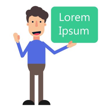 Mutlu gülümseyen çizgi film genç adam boş reklam panosu vektörü gösteriyor