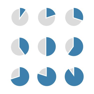 Turta grafikleri 10, 20, 30, 40, 50, 60, 70, 80, 90. Turta grafiği, yuvarlak çizelge. Beyaz arka planda gri ve mavi. Sunum için izole vektör bilgi grafikleri.