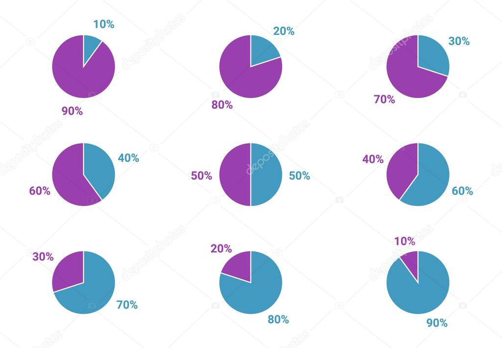 Set Of Pie Charts Percentage 10 30 40 50 60 70 80 90 Pie Graph Diagram Circle Round Chart Purple And Blue On White Background Isolated Vector Infographics For Presentation