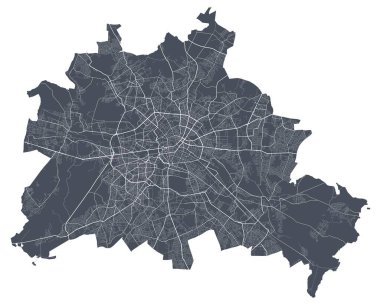 Berlin haritası. Berlin idari bölgesinin ayrıntılı vektör haritası. Beyaz arka planda caddeleri olan siyah poster.
