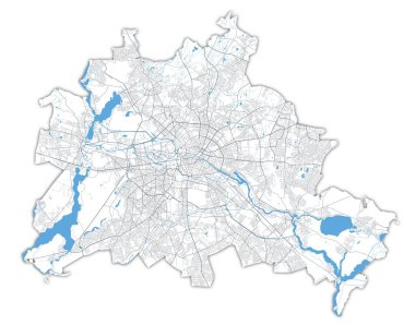 Berlin haritası. Berlin idari bölgesinin ayrıntılı vektör haritası. Sokaklı posterler ve beyaz arka planda su.
