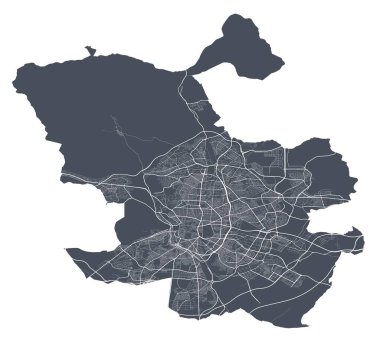 Madrid haritası. Madrid idari bölgesinin detaylı vektör haritası. Beyaz arka planda caddeleri olan siyah poster.