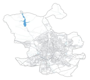 Madrid haritası. Madrid idari bölgesinin detaylı vektör haritası. Sokaklı posterler ve beyaz arka planda su.