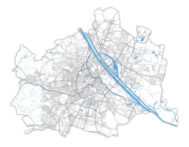 Viyana haritası. Viyana idari bölgesinin detaylı vektör haritası. Sokaklı posterler ve beyaz arka planda su.