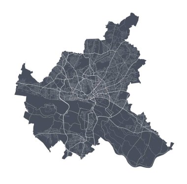 Hamburg haritası. Hamburg idari bölgesinin detaylı vektör haritası. Beyaz arka planda caddeleri olan siyah poster.