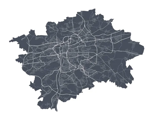 Prag haritası. Prag şehrinin idari alanının detaylı vektör haritası. Beyaz arka planda caddeleri olan siyah poster.