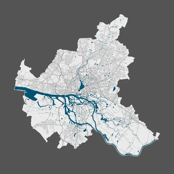 Hamburg haritası. Hamburg idari bölgesinin detaylı vektör haritası. Sokaklı poster ve gri arka planda su.