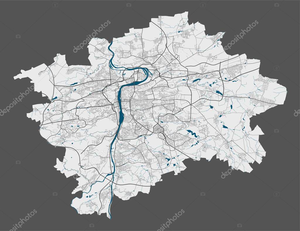 Prague map. Detailed vector map of Prague city administrative area. Poster with streets and water on grey background.