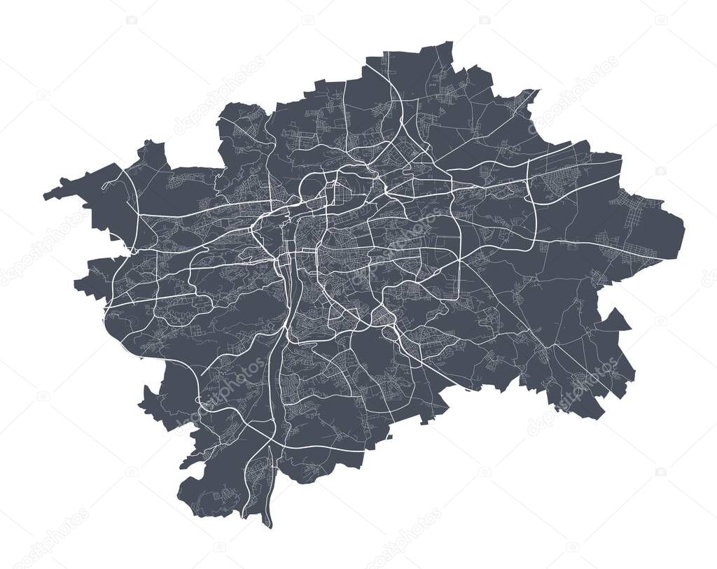 Prague map. Detailed vector map of Prague city administrative area. Dark poster with streets on white background.