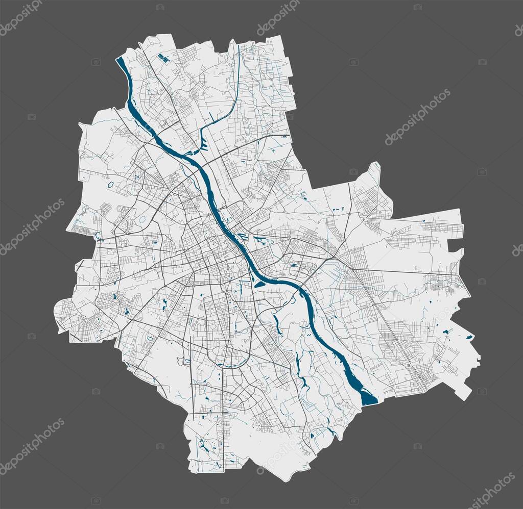 Warsaw map. Detailed vector map of Warsaw city administrative area. Poster with streets and water on grey background.