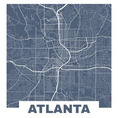 Atlanta haritası. Atlanta sokaklarının vektör haritası. Koyu mavi arkaplanda poster.
