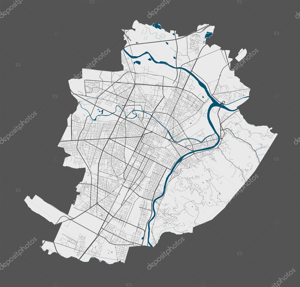 Turin map. Detailed vector map of Turin city administrative area. Poster with streets and rivers on grey background.