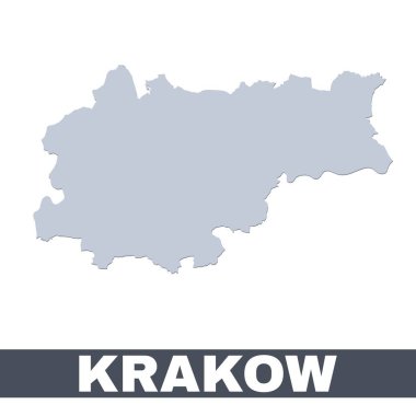 Krakow ana hat haritası. Krakow şehrinin sınırları içindeki vektör haritası. Beyaz arka planda gölgesi olan gri. İzole illüstrasyon.