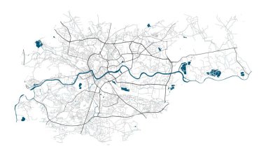 Yolları ve nehirleri olan Krakow haritası, belediye idari sınırları, beyaz arka planda gri ve mavi renkli sanat tasarımı